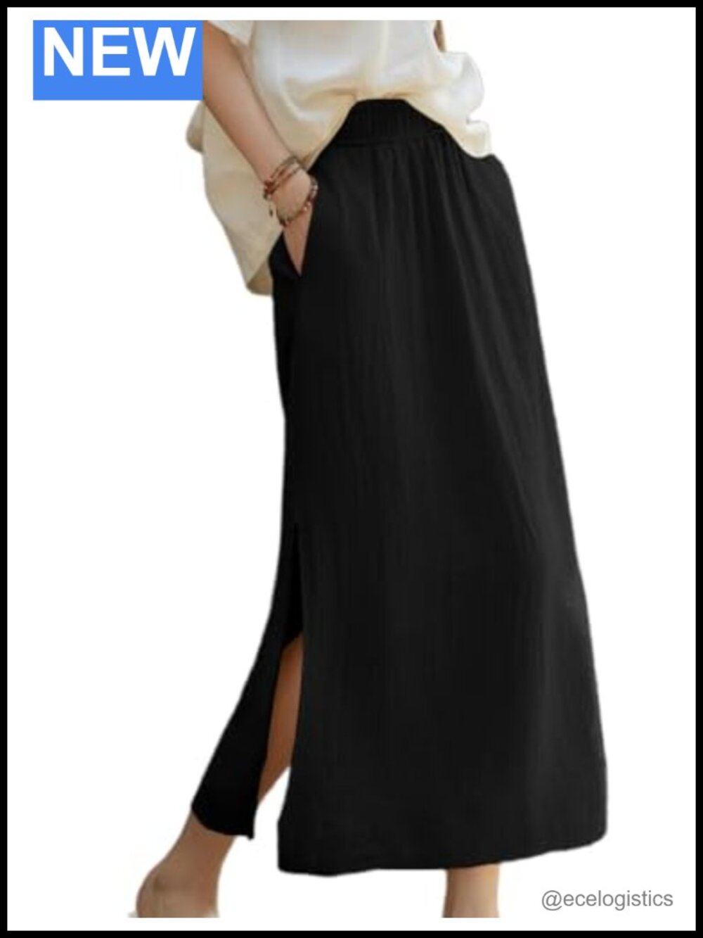 Womens Linen Blend High Waisted Midi Skirt with Slit, Side Pockets,
